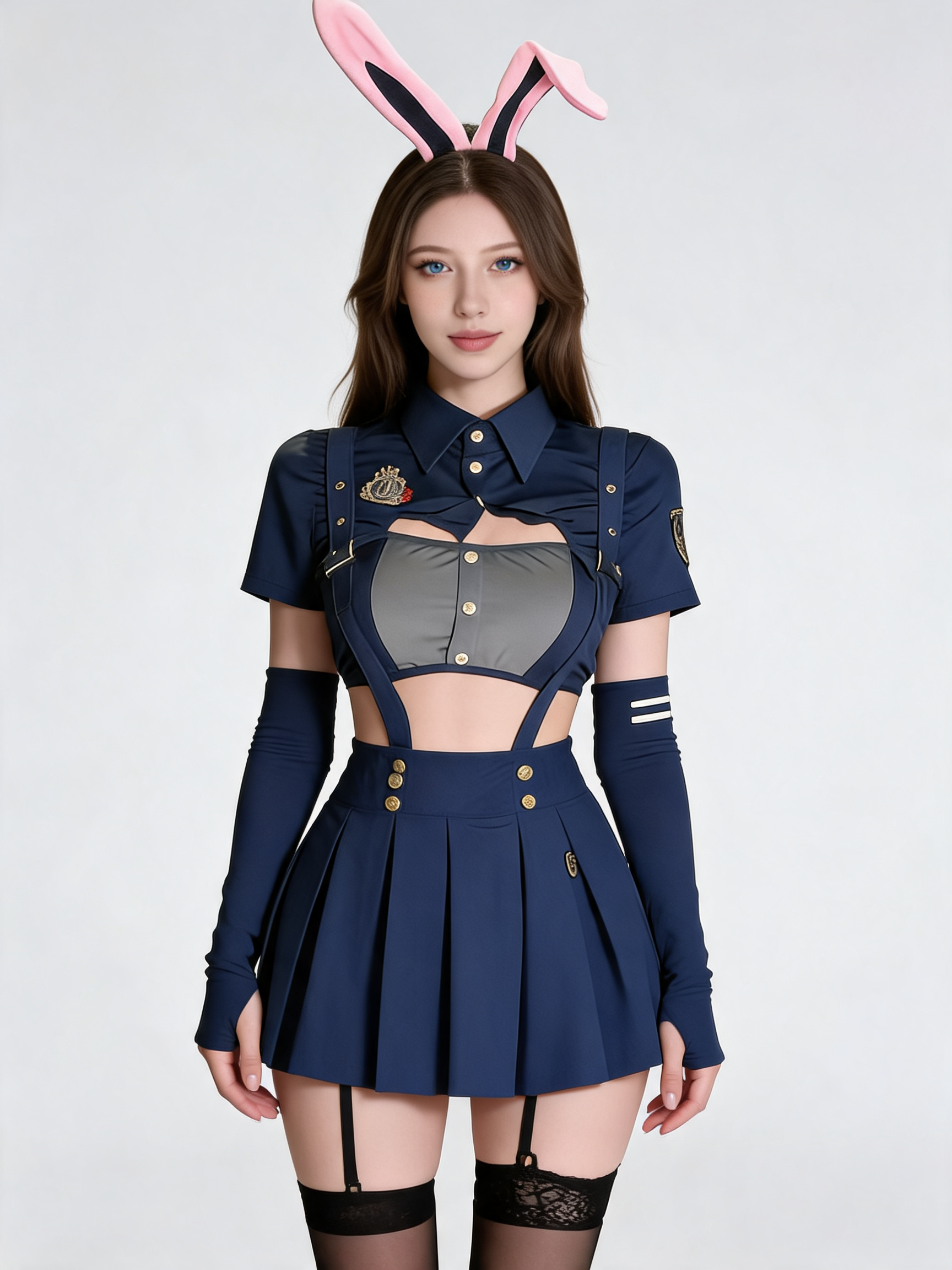 Costume with Ears and Black Stockings for Masquerade