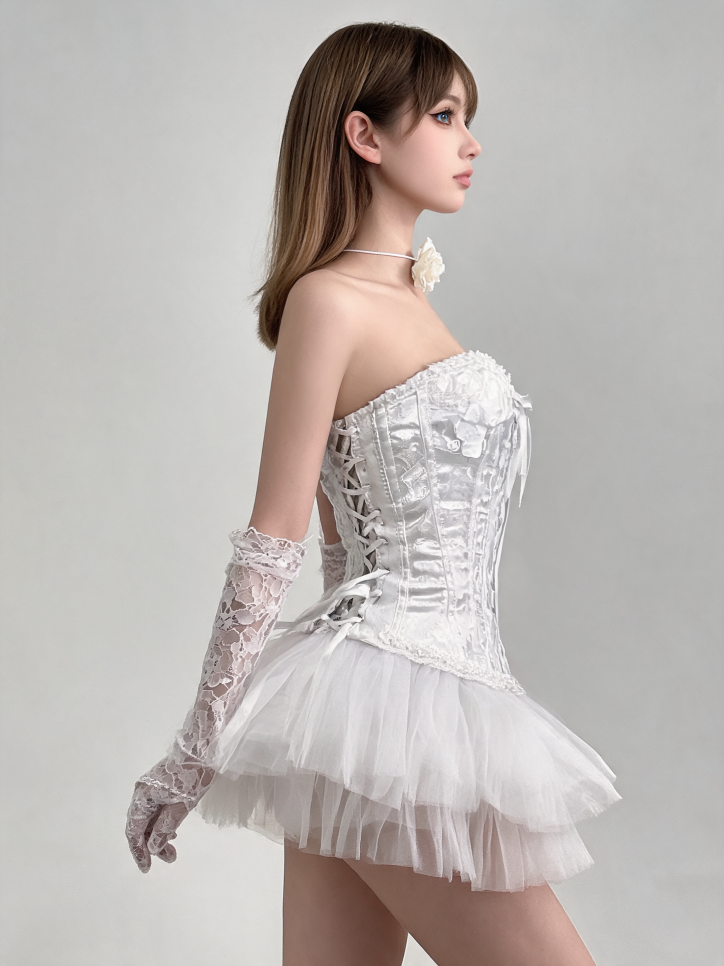 White costume with a full skirt and gloves for a masquerade
