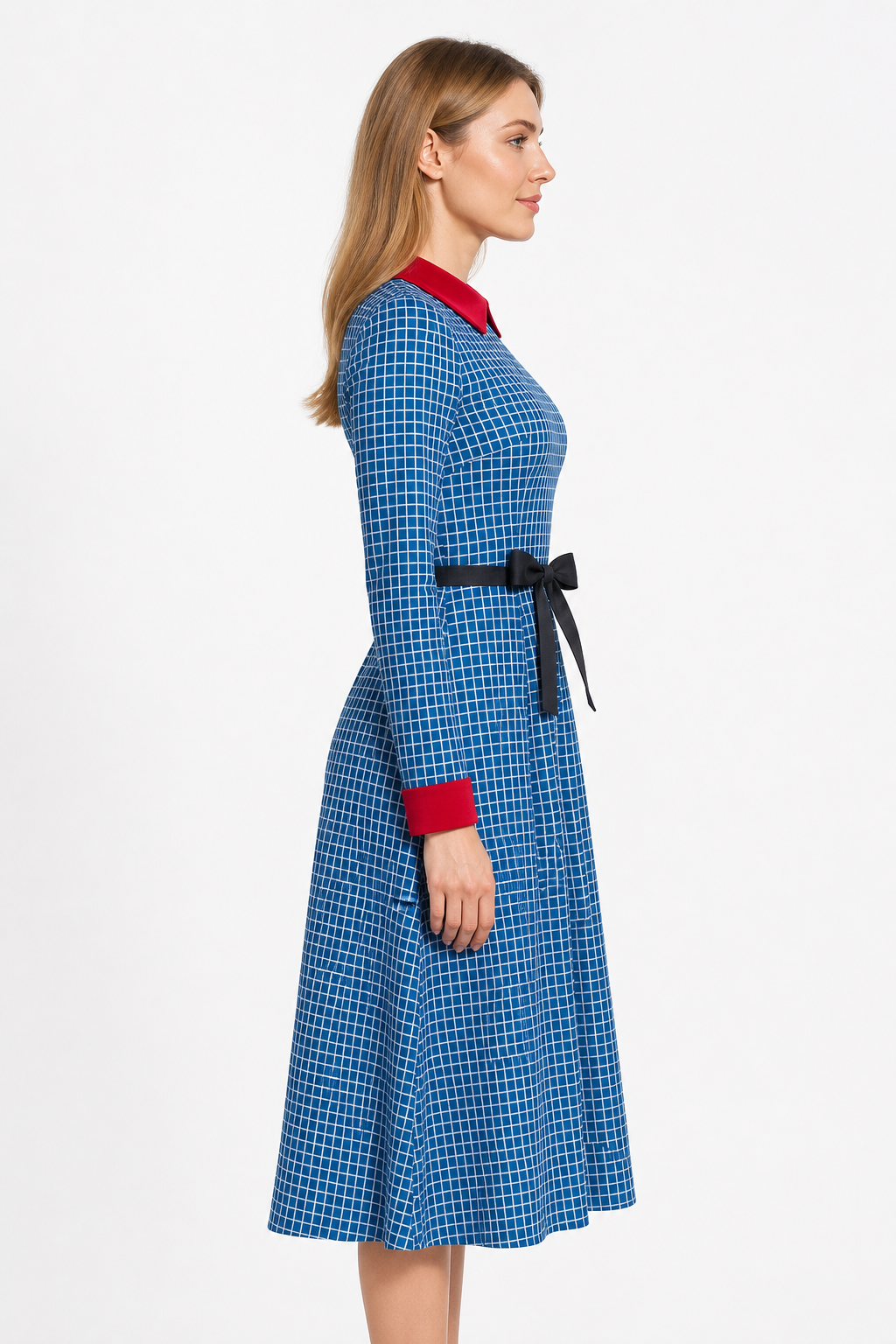 Esther from Orphan cosplay dress in blue plaid side view 3