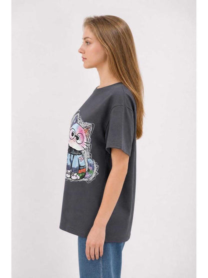 Relaxed-Fit Cat Print T-Shirt, Charcoal Gray, Summer