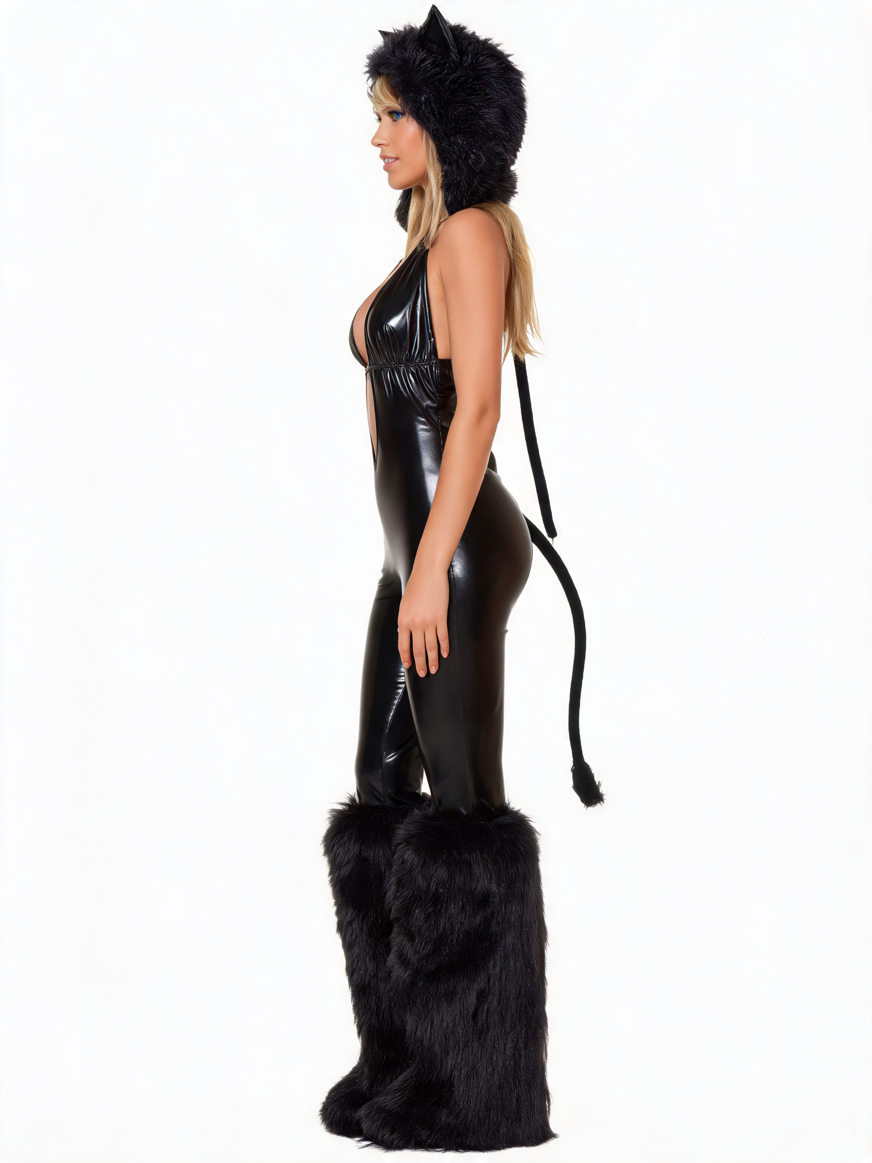 Black Cat Costume with Fur for Carnival