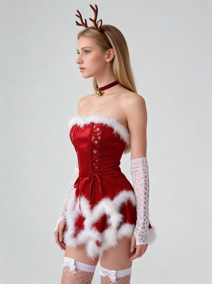 Red Velvet Carnival Costume with Antlers for New Year's