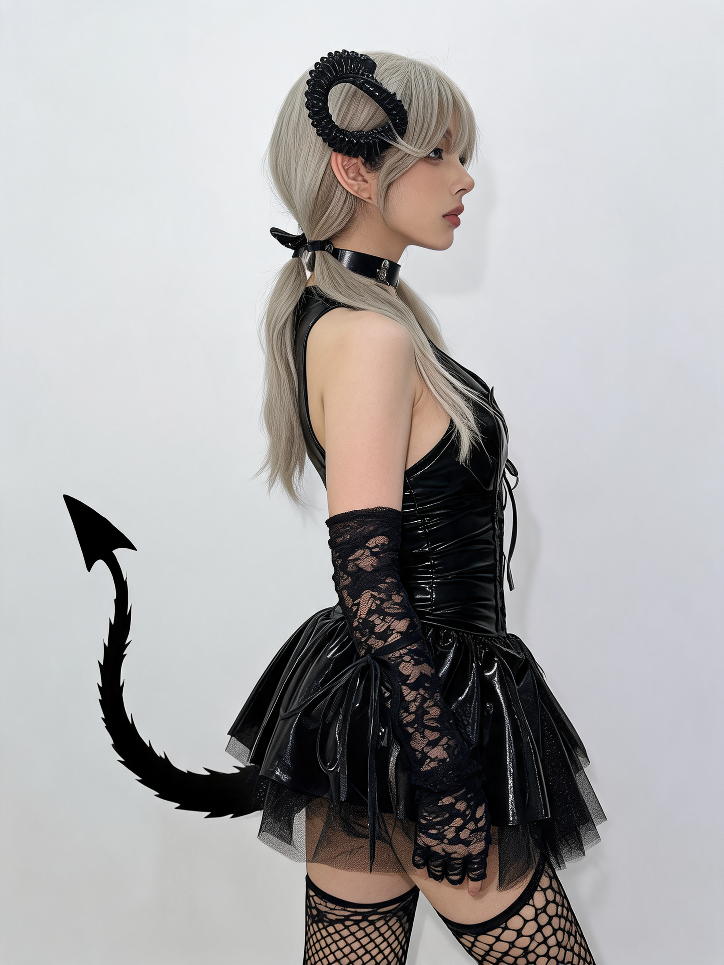 Black Devil Costume with Stockings and Headpiece