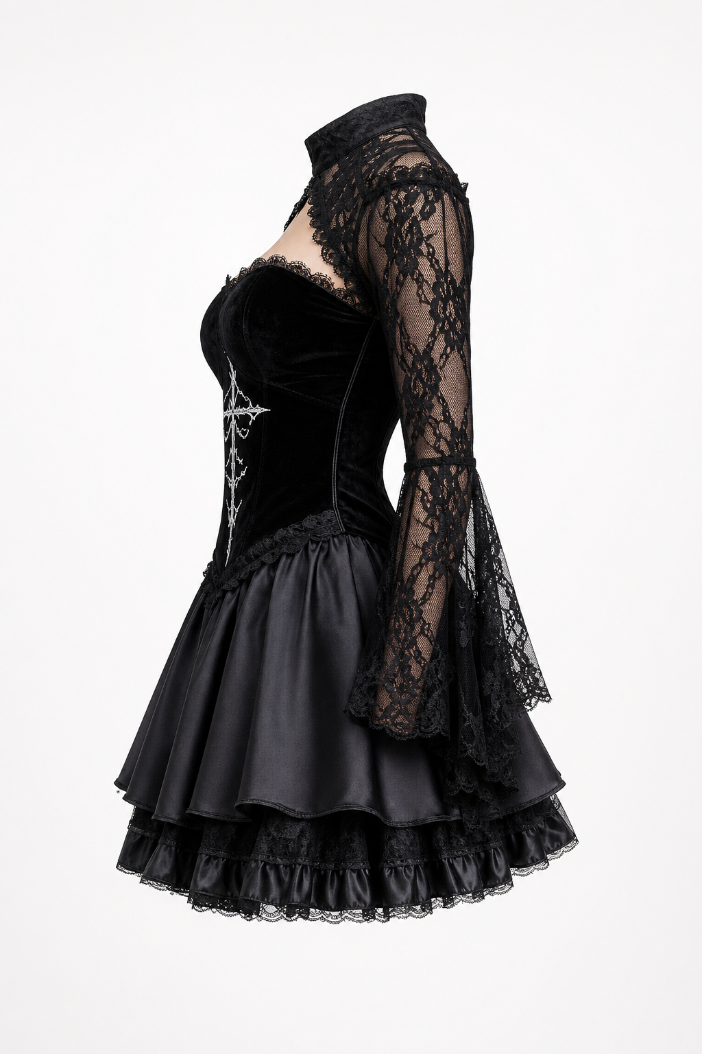 Black Gothic Lace Dress with Cross and Skull