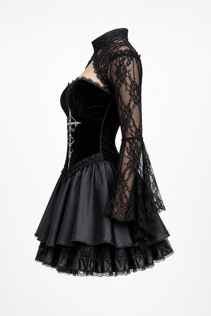 Black Gothic Lace Dress with Cross and Skull
