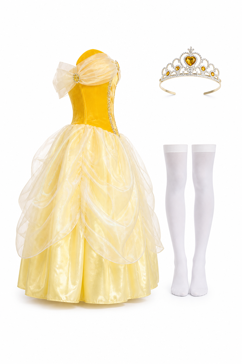 Golden princess dress with crown and white stockings