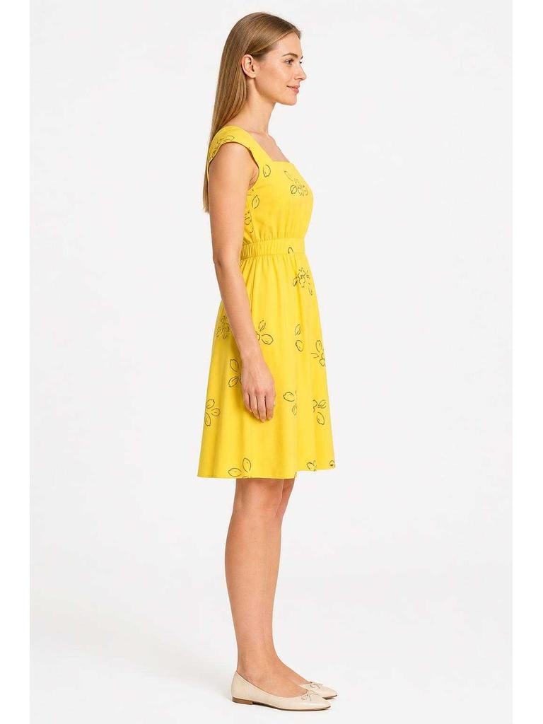 The dress is designed to recreate Mia's look from the film "La La Land" and for theatrical role transformations in a cosplay style. The model is made in a bright yellow color and decorated with a scattered outline pattern of flowers and lea