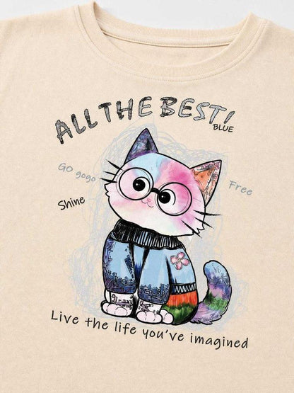 Apricot Cat Print T-Shirt for Parties