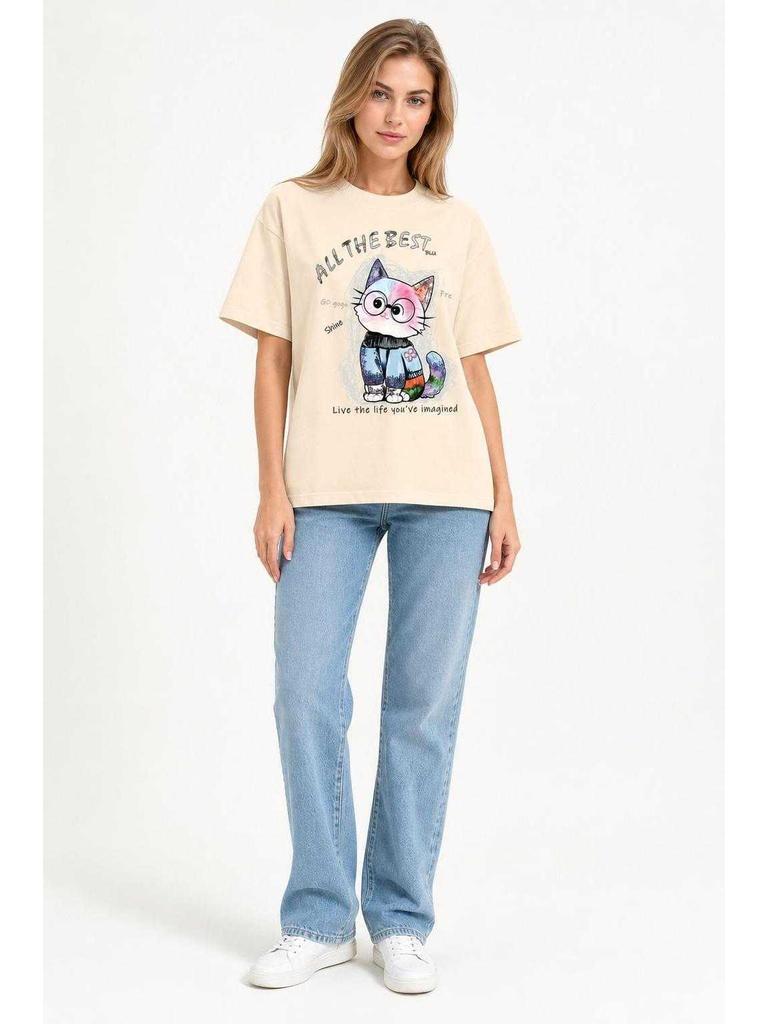 Apricot Cat Print T-Shirt for Parties
