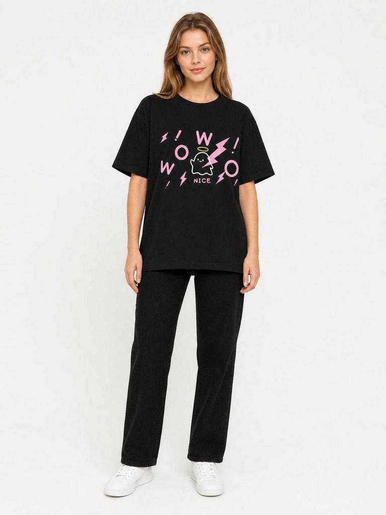 Black loose-fit printed T-shirt for carnival