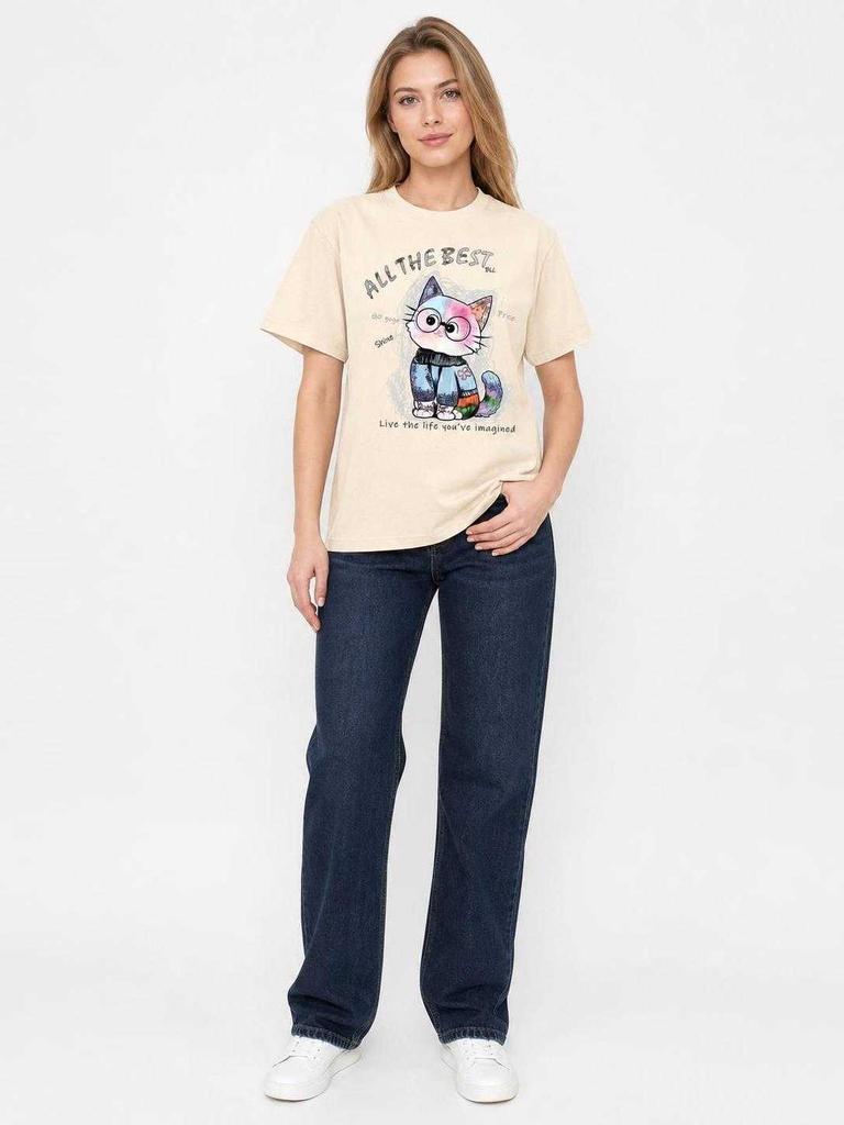 Apricot Cat Print T-Shirt for Parties