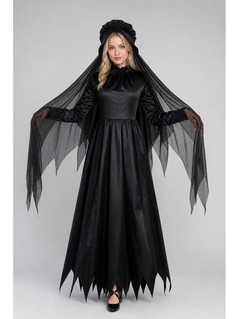 Black Gothic Dress with Cape for Halloween
