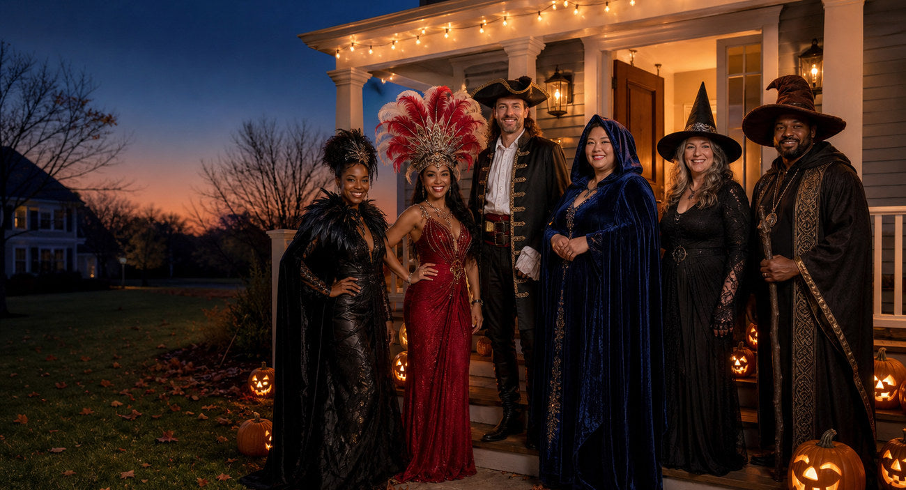 Six friends in HOMELEX Halloween costumes on a suburban front porch at dusk