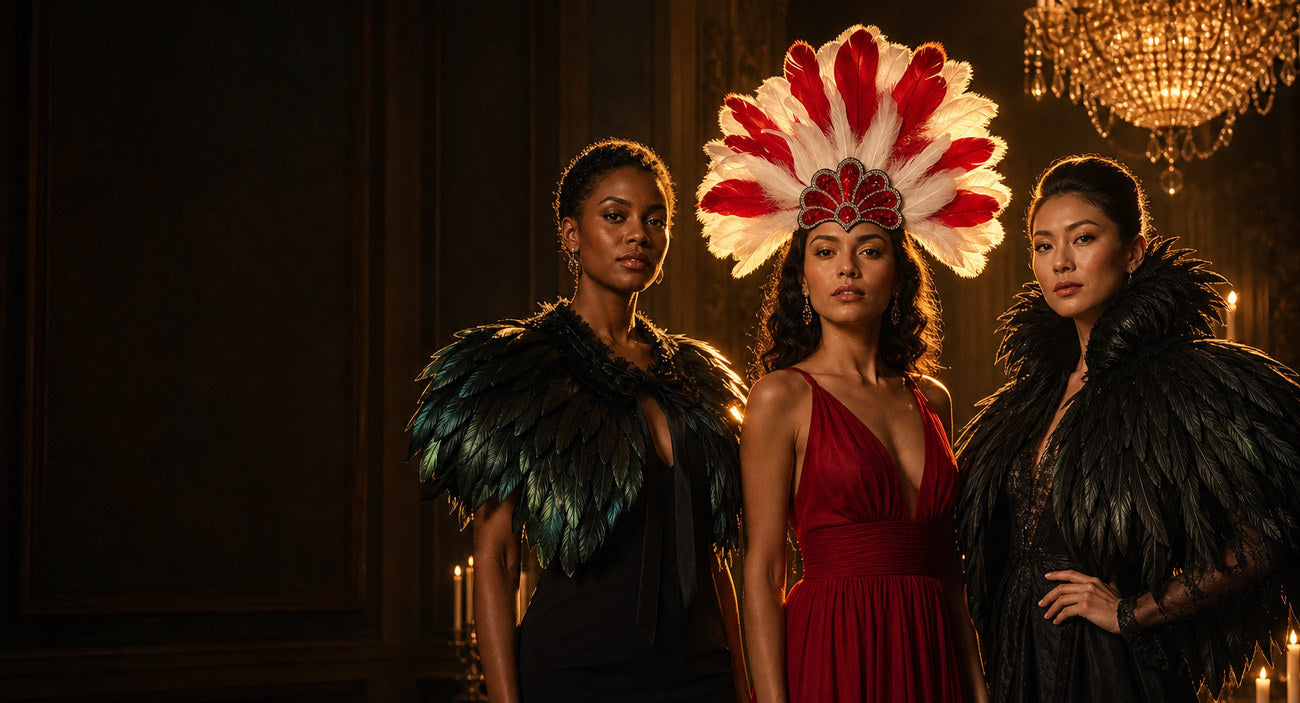 Three models wearing HOMELEX feather collars and a carnival feather headpiece in a candlelit ballroom
